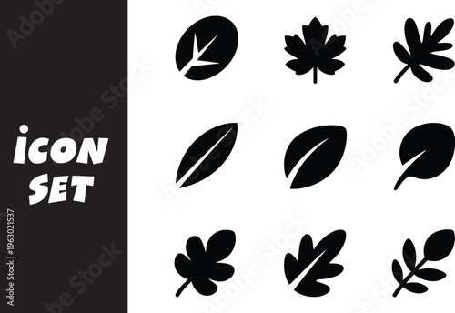 A set of black leaf icons on a for design and decoration purposes in various shapes and sizes for use in digital and print materials