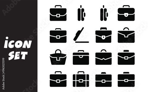 A collection of various briefcases and handbags in different shapes and sizes are shown in black silhouette on a for business and travel