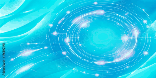 Abstract blue background with circular ripples and liquid droplets creates a clean, fresh water splash texture for a nature-inspired spa wallpaper