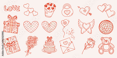 Hand drawn love and romance themed doodles in reddish pink tones