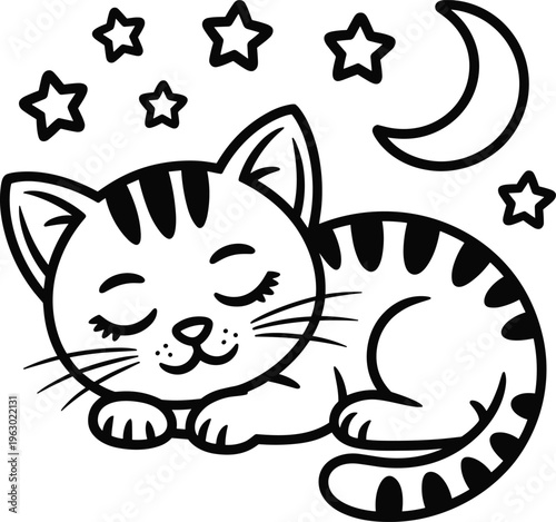 A cute sleeping tabby cat illustration surrounded by little stars and moon