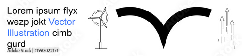 Renewable energy, sustainable design, technology, direction, abstract shapes, clean energy. A wind turbine, abstract curve and upward arrows. Renewable energy and sustainable design concept