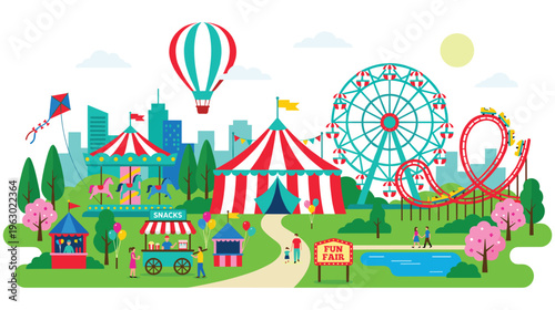 Amusement park with various rides stalls hot air balloon and cityscape.
