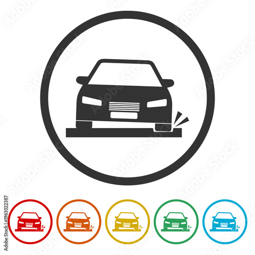 Pothole icon with a car. Set icons in color circle buttons