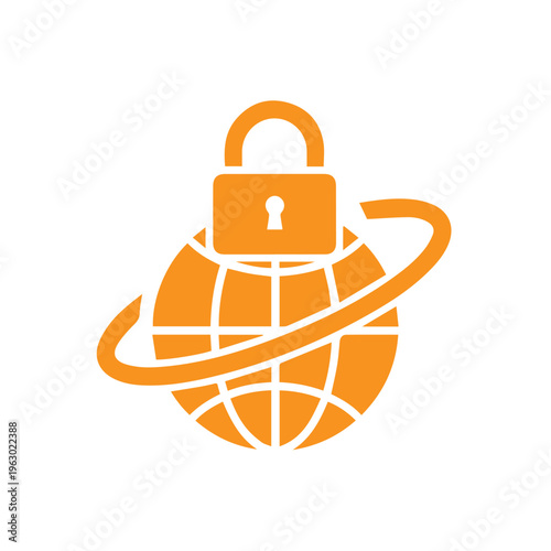 Orange graphic icon displays a planet earth surrounded by a ring with a secured padlock situated prominently above the continents.