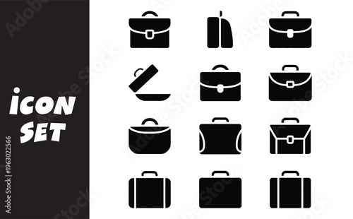 A set of black and white icons of various types of bags and luggage including briefcases totes and satchels in different shapes and sizes for business travel or everyday use