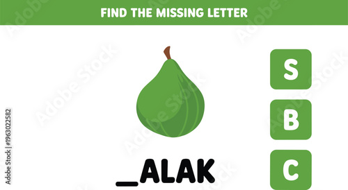 Educational game for children to find the missing letter for the fruit called balak