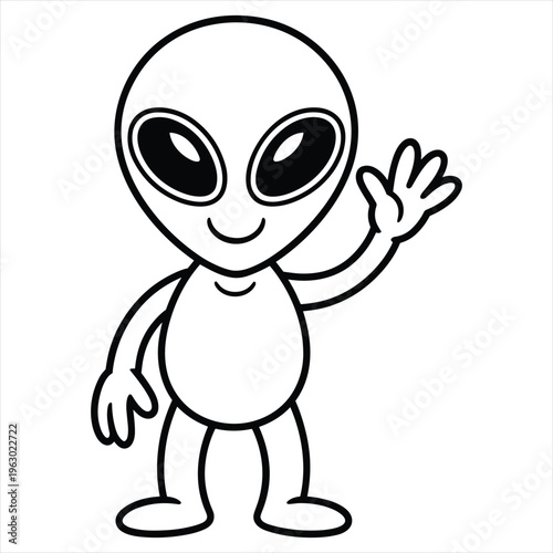 Black and white line of a friendly waving alien character