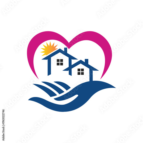 Home care services logo with heart and hands holding house