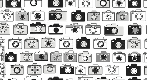Comprehensive seamless pattern featuring a diverse collection of stylized vintage and modern cameras in black, white, and grey on a clean white background.