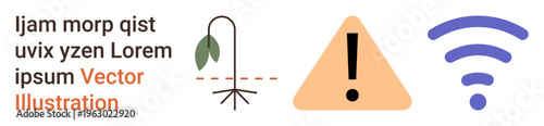 Environmental distress, communication, technology issues, warnings, symbols, digital signals. Illustration of a drooping plant, warning exclamation icon and wireless signal waves. Environmental