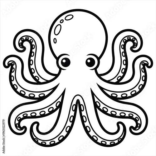 Black and white line of a cute cartoon octopus with eight tentacles