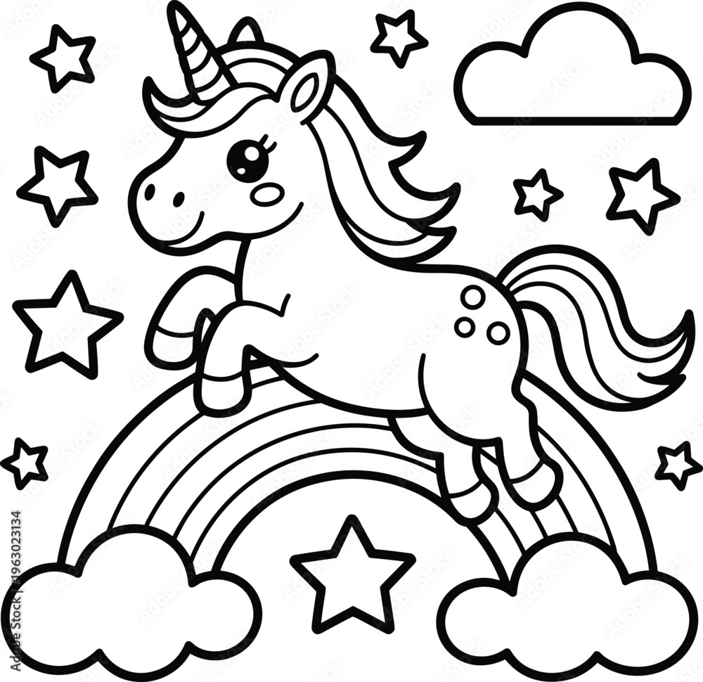 Obraz premium A cute unicorn jumping over a rainbow with stars and clouds for coloring