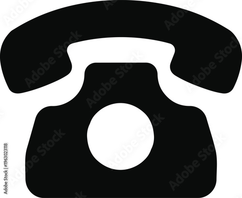 A simple black silhouette representing a classic landline telephone device used for communication purposes in residential or professional office settings across the entire world isolated on white back