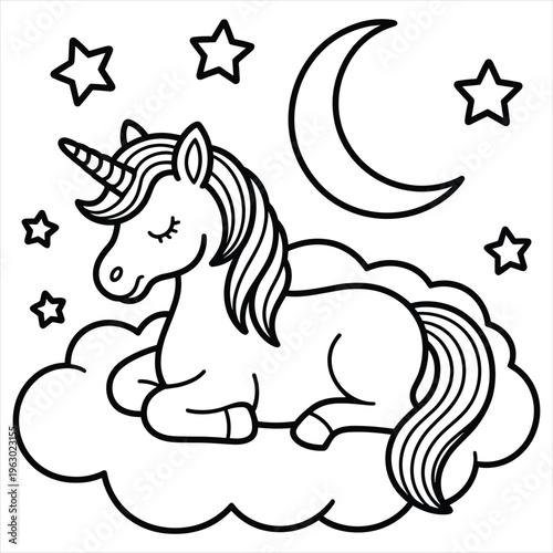 A cute unicorn resting on a fluffy cloud surrounded by stars and moon