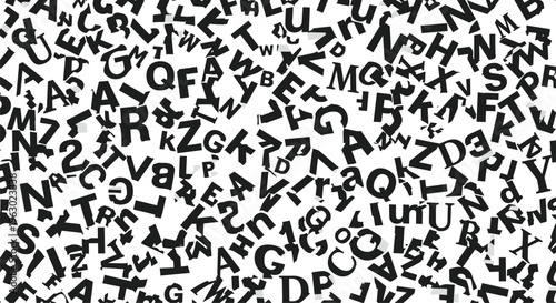 Chaotic seamless pattern featuring a dense array of scattered, random letters of the alphabet in bold black on a clean white background.