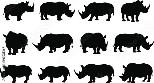 Rhinoceros silhouettes vector set, rhino animals collection with different poses wildlife design
