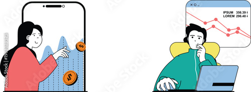 A person using mobile app showing financial growth while another analyzes stock trends on laptop screen