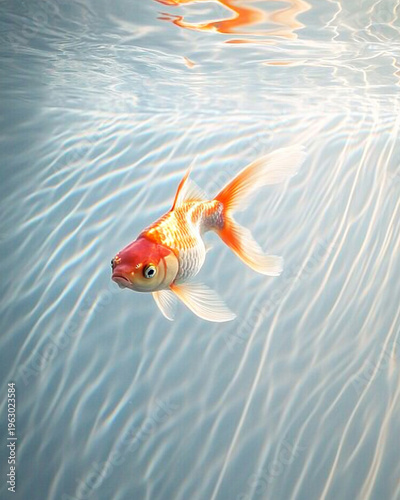 Goldfish Swimming in Clear Water with Sunlight Rays - Commercial Stock Photo
