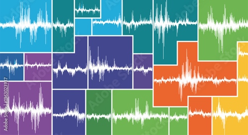 Dynamic abstract collage composed of various sound waveform visualizations presented within a mosaic of vibrant, colorful rectangular blocks.