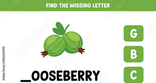 Educational game for children to find the missing letter of the gooseberry fruit name