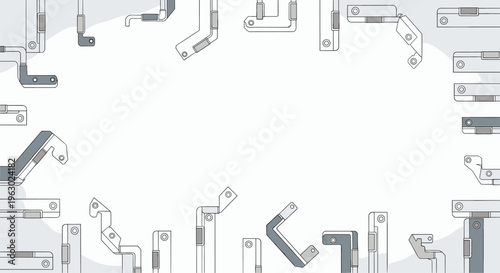 Abstract border design composed of various modular metal bracket and joint elements in shades of grey, providing a construction or engineering theme.