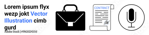 Legal documents, business operations, communication tools, work contracts, professional services, media. Black briefcase, signed contract microphone symbol. Legal documents and business operations