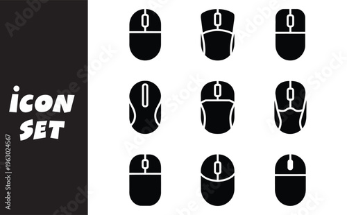 A set of black computer mouse icons in different positions and styles, shown in a grid on a each with a unique design element