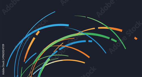 Dynamic abstract composition featuring curving, segmented arcs and lines in vibrant blue, green, and orange, radiating on a dark blue background.