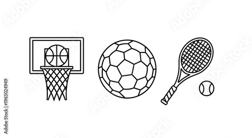 Line art illustration of sports equipment including a basketball silhouette