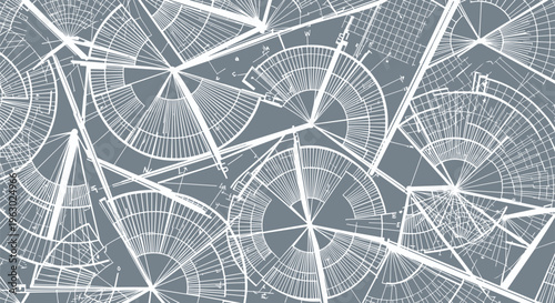 Dense seamless pattern composed of overlapping architectural blueprints or intricate technical drawings with geometric and radial elements on a grey background.
