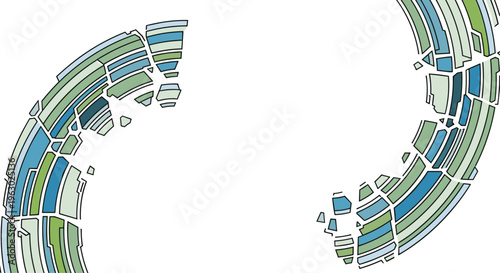 Abstract composition featuring two large, fragmented arcs or rings composed of various geometric segments in refreshing shades of green and blue.