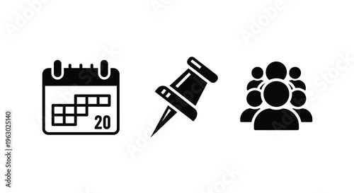 Calendar pushpin and group of people icons in black silhouette
