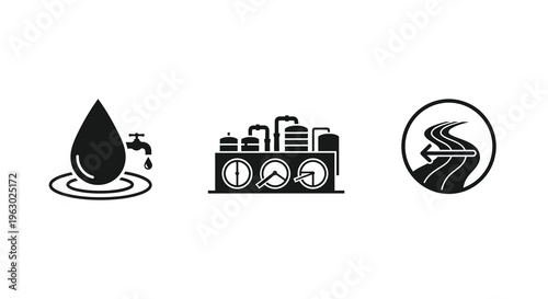 Industrial icons depicting water machinery and energy a dark silhouette