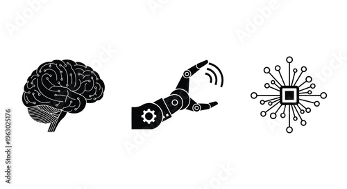 Brain robotic arm and circuit board concepts of artificial intelligence silhouette