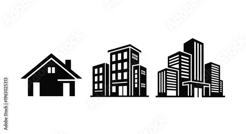 Black silhouettes of diverse buildings represent urban architectural styles