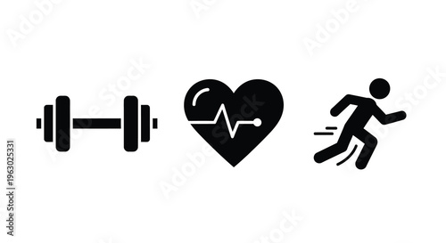 Weightlifting love and running icons displayed in a black silhouette