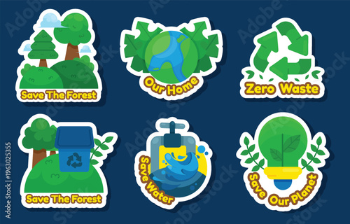Environmental conservation stickers depicting forests water and recycling efforts