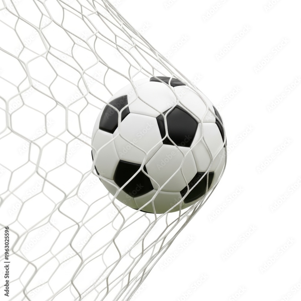 Fototapeta premium Soccer ball flying into white mesh goal net with dramatic shadow and clean background