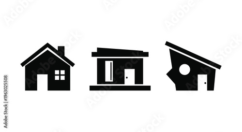 Three distinct house shapes presented in a stark black silhouette