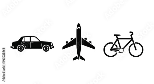 Transportation icons depicting a car plane and bicycle silhouette