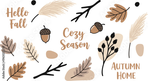 Boho Neutral Autumn Fall Botanical Home Decor, Illustration Cartoon Collection
