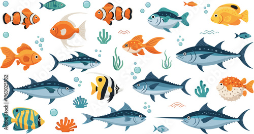 Colorful Ocean Fish Collection in Flat Style Featuring Various Marine Species Including Tuna Goldfish Clownfish and Tropical Fish for Underwater Design Projects.