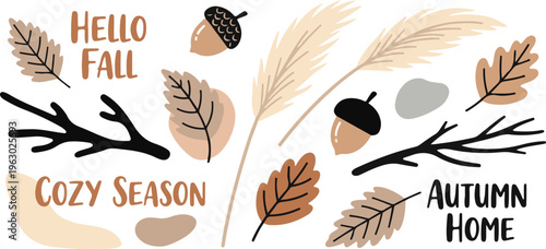 Boho Neutral Autumn Fall Botanical Home Decor, Illustration Cartoon Collection