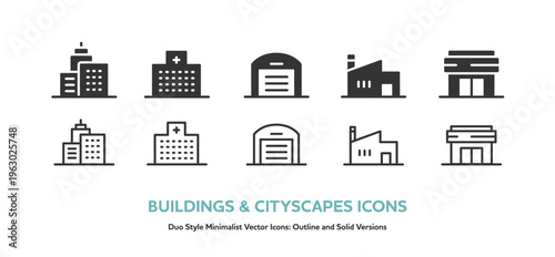 建築物のアイコンセット。高層ビル,病院,倉庫,工場等の線画と塗りのベクターアイコンセット