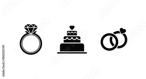 Wedding symbols including a ring cake and hearts as a silhouette