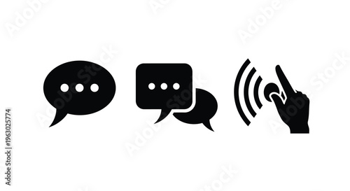Communication icons featuring speech bubbles and a hand gesture silhouette