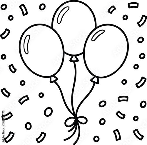 A simple black and white line art illustration of three festive party balloons with falling confetti