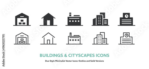 建物のシンプルアイコンセット。倉庫,家,工場,ビル街,学校の線画とシルエットのベクターアイコン