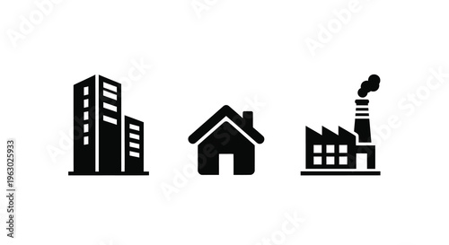 Industrial buildings and a house shown in stark black silhouette